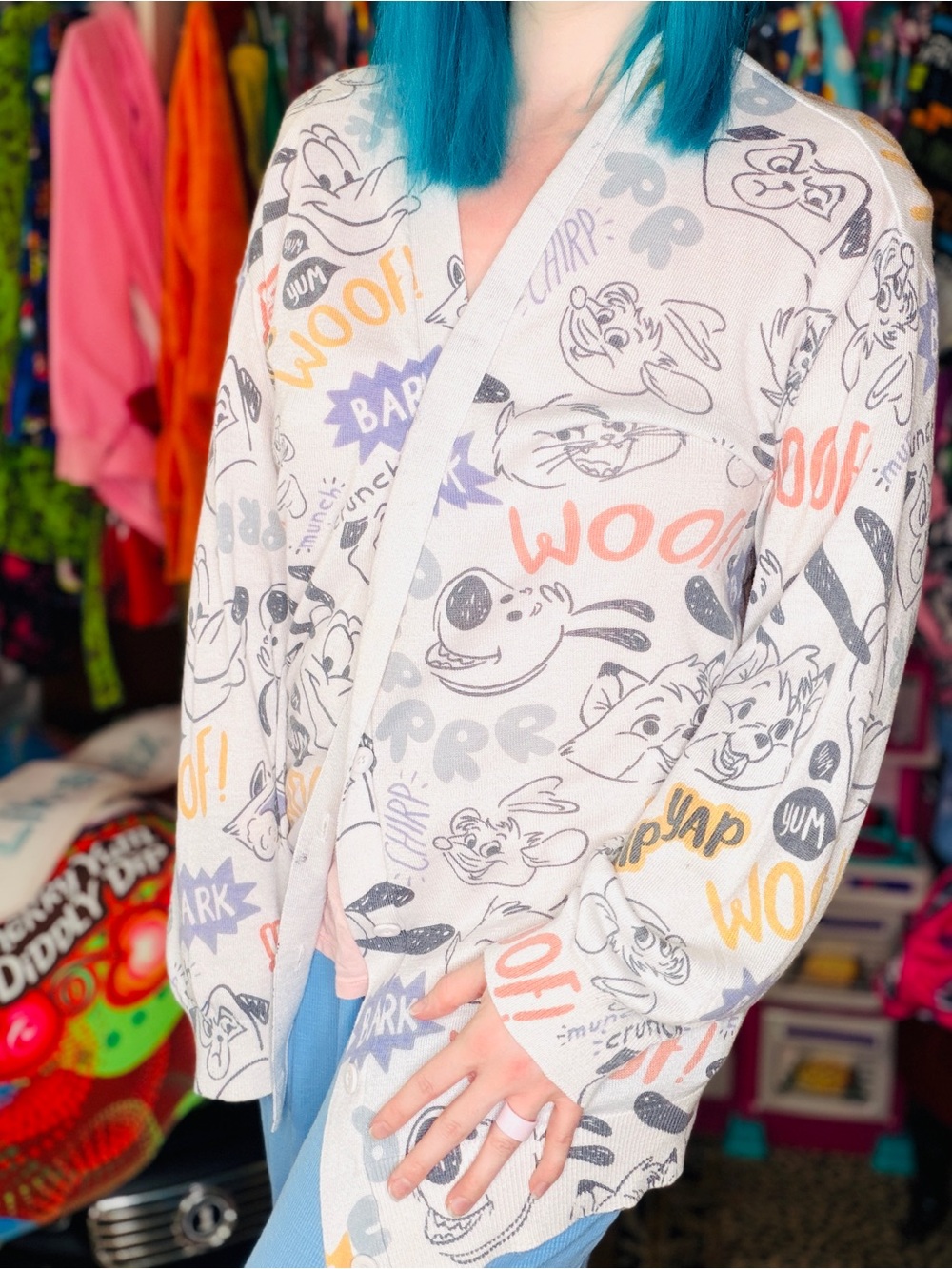 Disney White Cape Jacket with Multicolor Cartoon Dog Prints